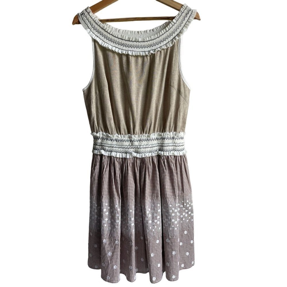 Esley Linen Blend Daisy Embroidered Cottage Core Prairie A-Line Dress Size Large